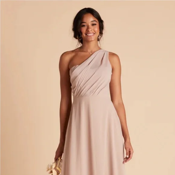 open lace back dress Dark Taupe Bridesmaid Dresses Flowy One Shoulder Long Sleeves Floor Length Chiffon Bridesmaid Dresses